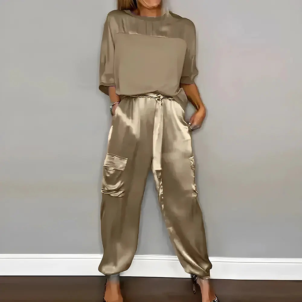 Ensemble Décontracté Satin Col Rond & Pantalon Long