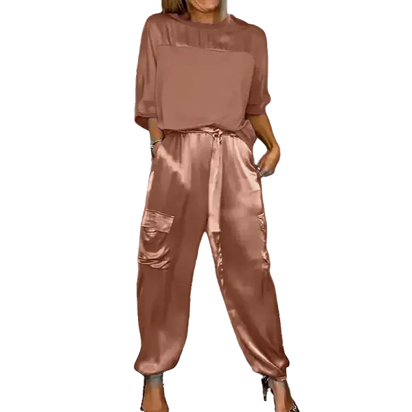 Ensemble Décontracté Satin Col Rond & Pantalon Long